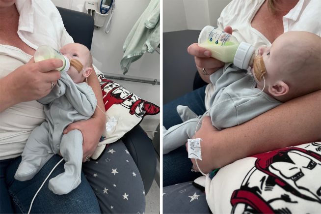 Two photos show an infant cradled in an adult’s arms and fed from a bottle, with the bottle angled toward the infant’s mouth while the infant rests against the adult’s chest.