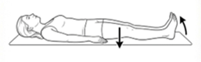 Person lying on their back performing a leg exercise, pressing the knee downward while pulling the toes upward.