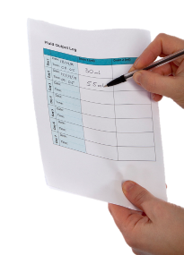 A person holding a Fluid output log writing entries with a pen.