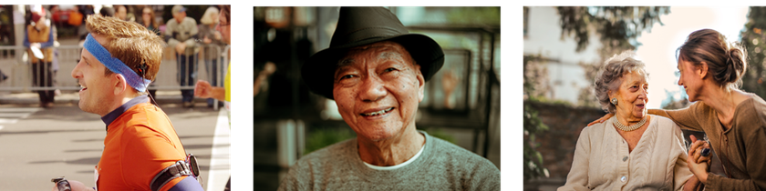 Three images: a runner in a race wearing a headband, a close-up of an older person in a hat, and two people sitting together talking outdoors.