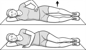 Person lying on their side performing a leg raise, lifting the top leg upward while keeping both legs straight