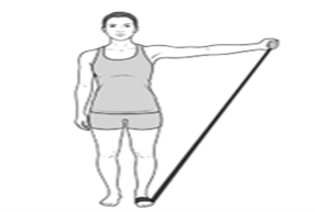 Resistance band shoulder abduction exercise, lifting one arm out to the side to shoulder height while standing on a resistance band.