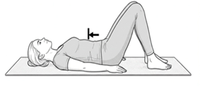 Person lying on their back with knees bent, performing a pelvic tilt by gently flattening the lower back against the floor.