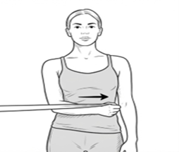 Resistance band shoulder internal rotation exercise, rotating the forearm inward across the body while keeping the elbow bent and tucked at the side.