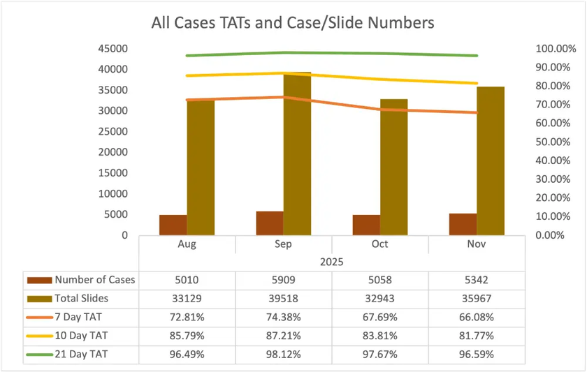 Bar chart showing all cases TATs and case/slide numbers