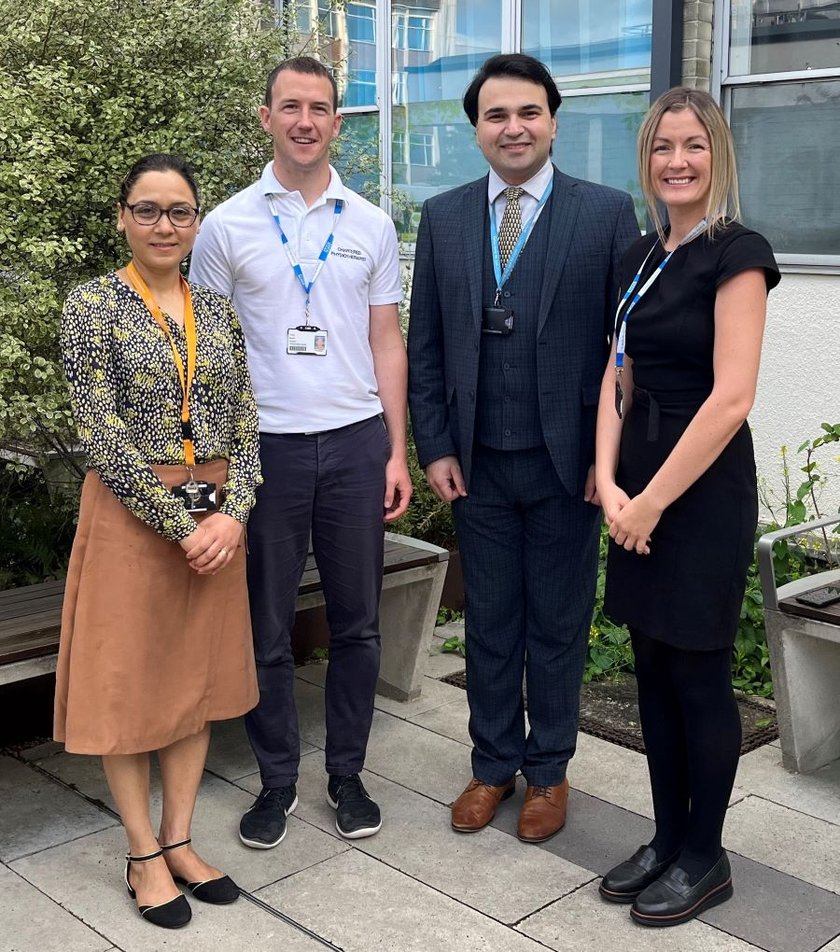 Left to right are: Indu Lawes ((Lead CSF Nurse Specialist), Toby Meek (Specialist Physiotherapist), Alexis Joannides (Consultant Neurosurgeon) and Lisa Healy (Clinical Neuropsychologist)