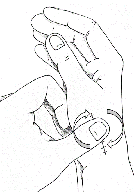 Illustration of a scar massage being performed on a hand