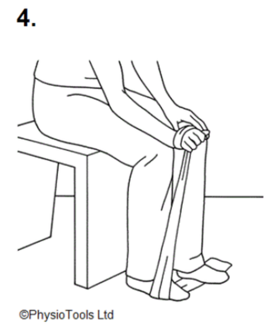 Illustration of a person sat down with one end of an exercise band under their feet, pulling the other end up towards them with their palm down.