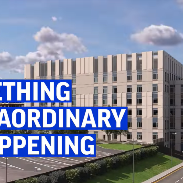 Screenshot of CCRH video with a visualisation of the new hospital saying: Something Extraordinary is Happening