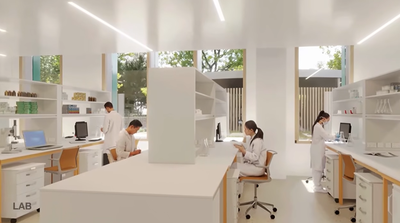 An architect image of a laboratory at Cambridge Children's Research Institute.