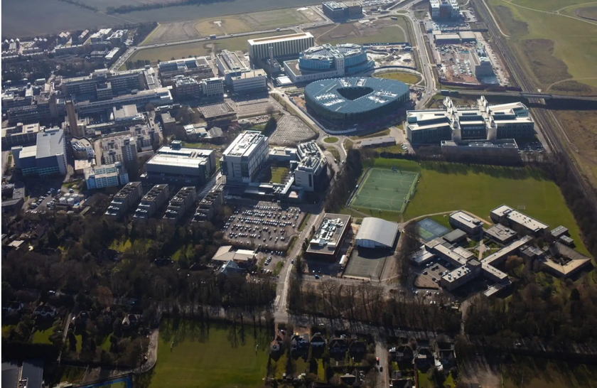 An aerial view of Cambridge Biomedical Campus