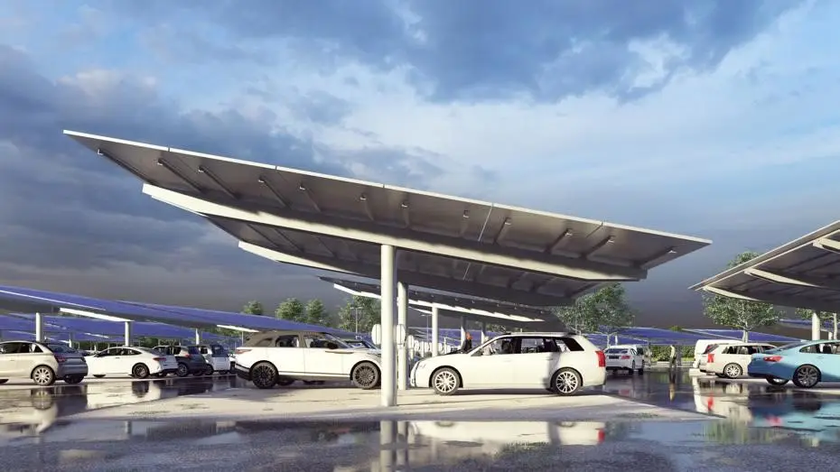 Visualisation of solar panel structure over parked cars at Babraham park and ride