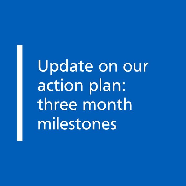 Blue graphic with wording: Update on our action plan: three month milestones