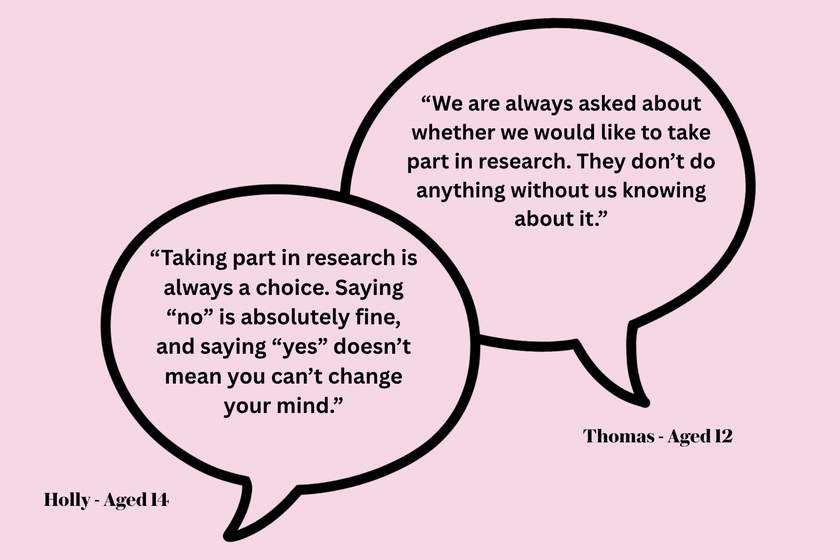 Speech bubbles from two young people highlighting the importance of research