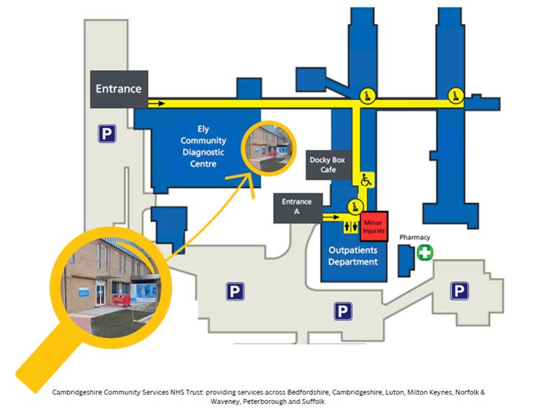 A map showing the location of the Ely Community Diagnostics Centre reception area within the hospital