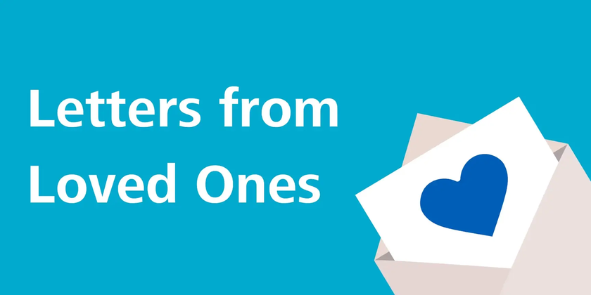 Text: Letters from Loved Ones. Illustration of a letter with a blue heart.