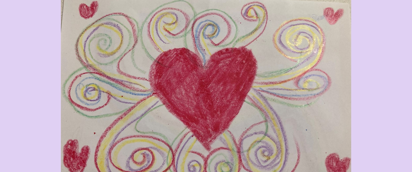 A child's drawing of a heart with lots of squiggling lines coming out of it