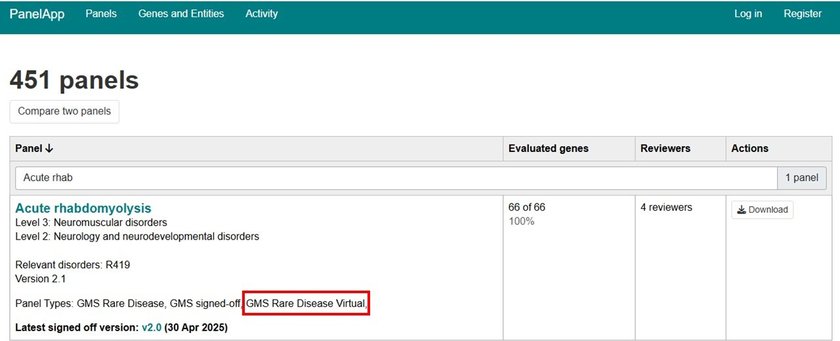 Virtual panels are indicated in panel app as GMS Rare Disease Virtual in the Panel Types section.