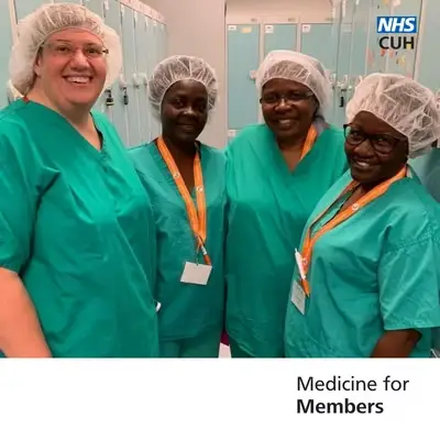 Christine Moody with members of Cambridge Global Health Partnerships. Text reads 'medicine for members'