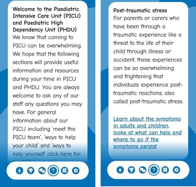 Welcome and trauma pages from the PICU app