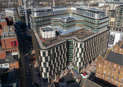 Image shows the exterior of the new Moorfields Eye Hospital in Central London