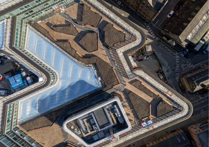 Image shows a birds eye view of the exterior of the new Moorfields Eye Hospital in Central London