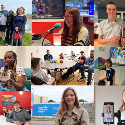 A montage of photos of young people doing different activities, having discussions, talking on the radio, visiting the Cambridge Children's Hospital site. These show examples of what our youth forums get up to
