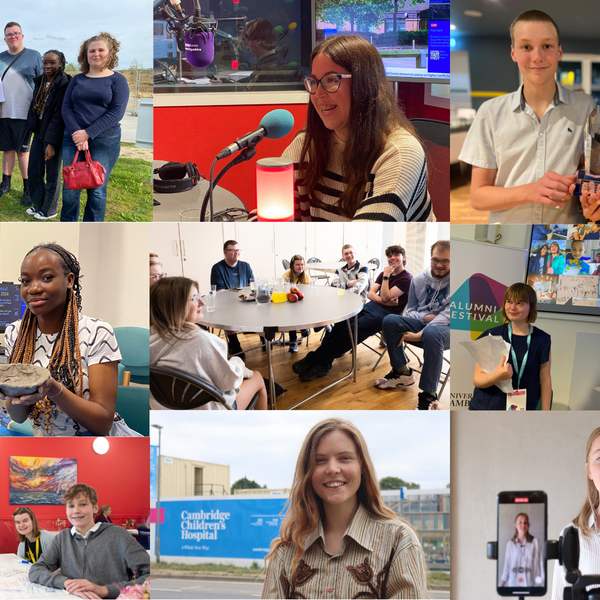 A montage of photos of young people doing different activities, having discussions, talking on the radio, visiting the Cambridge Children's Hospital site. These show examples of what our youth forums get up to