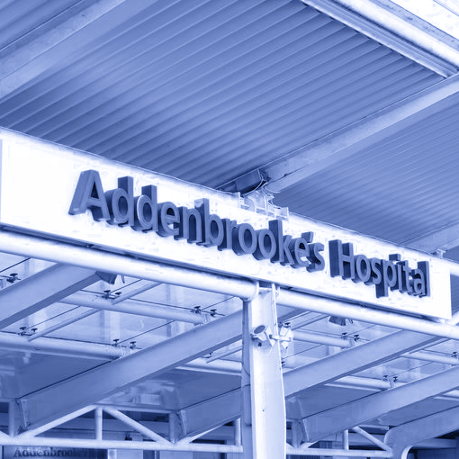 Entrance to Addenbrooke's main hospital, showing the sign Addenbrooke's Hospital.