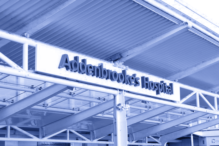Entrance to Addenbrooke's main hospital, showing the sign Addenbrooke's Hospital.