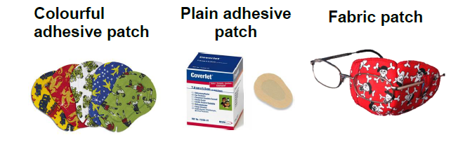 Amblyopia treatment. From left to right: Colourful adhesive patch, plain adhesive patch, fabric patch