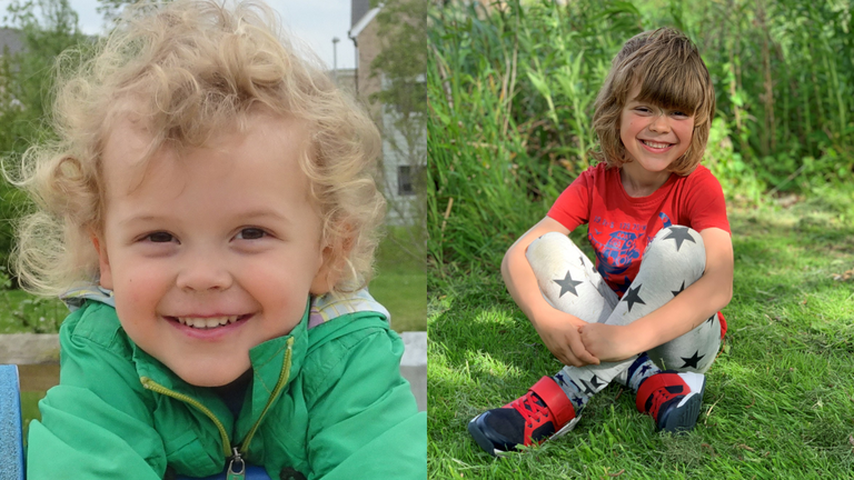 Two pictures of a young boy - the first he's age 2 with blond curly hair and a sweet smile, the second he is around 7 and has longer straight brown hair and a fun outfit with stars on