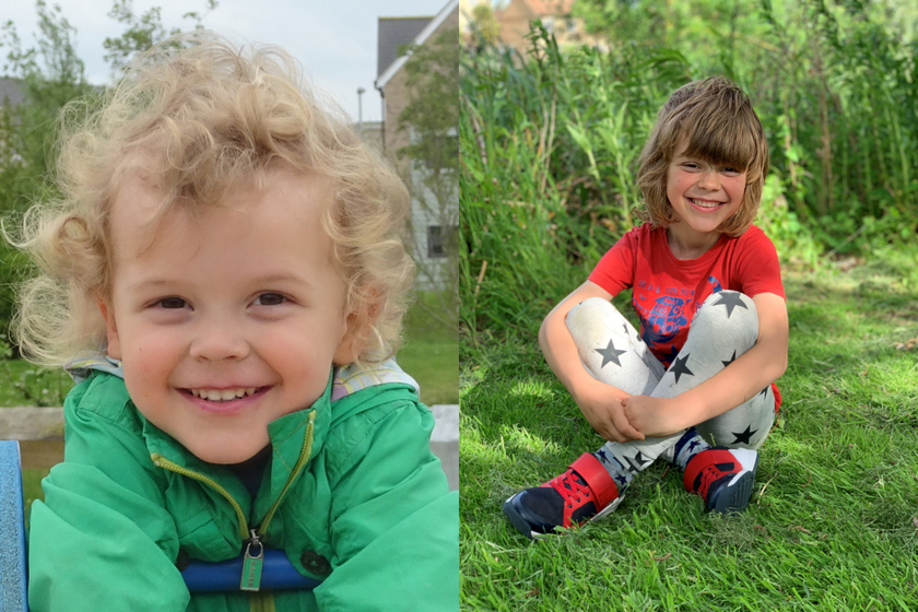 Two pictures of a young boy - the first he's age 2 with blond curly hair and a sweet smile, the second he is around 7 and has longer straight brown hair and a fun outfit with stars on
