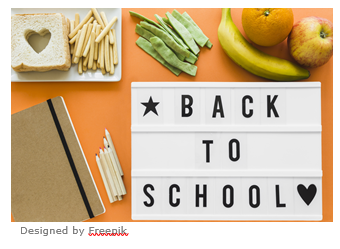 Notepad, pencils, sandwich, crisps, a banana, an apple, an orange. Text reads: 'back to school'