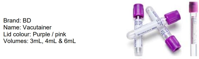 BD Vacutainer blood collection tubes with purple or pink lids, shown in 3mL, 4mL and 6mL sizes.