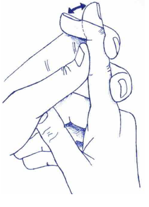Image of index finger on left hand being supported at the middle joint with the right hand, to bend and straighten the joint tip