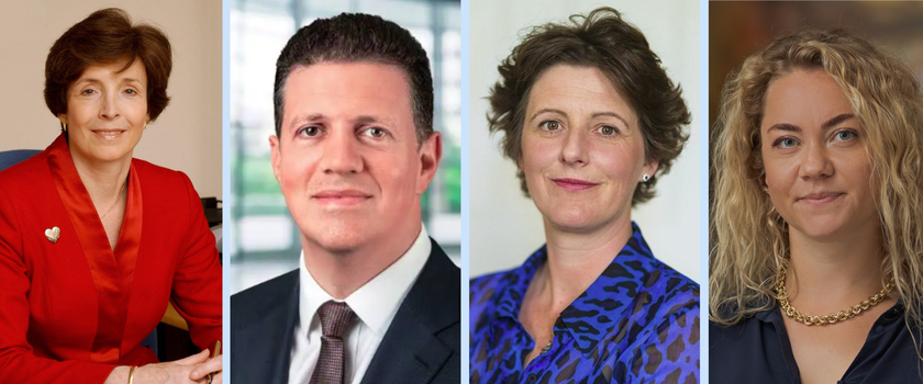 four headshots - a woman with dark short hair and a red jacket. a man with dark hair, dark eyes and a dark suit. a woman with short curly-wavy hair and a purple patterned shirt. a woman with long blond curly hair