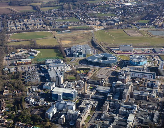 An aerial view of the Cambridge Biomedical Campus