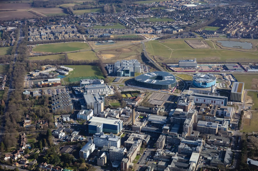 An aerial view of the Cambridge Biomedical Campus