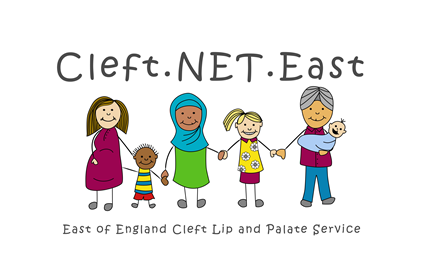 Illustration of five children and adults holding hands in a row, with one holding a baby. Text above reads 'Cleft.NET.East' and text below reads 'East of England Cleft Lip and Palate Service'