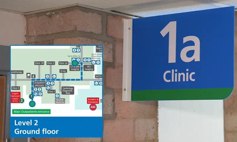 Clinic 1a sign. A hospital map is also shown on the image with location.