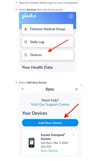 Image with instructions how to connect Ypsomed account via the Glooko App