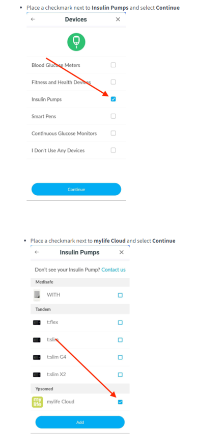 Image with instructions on how to connect your mylife cloud account to Glooko – via Glooko mobile app