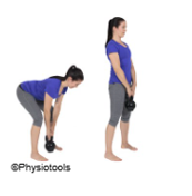 Illustration of a person standing with feet apart, bending hips backwards whilst titling forwards holding onto a weight. Then the person id standing straight whilst holding the weight in both hands