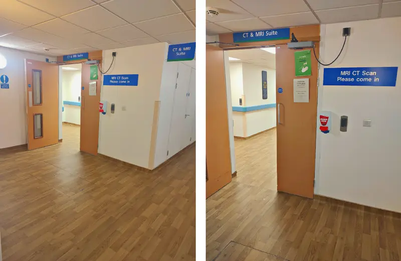 Two side-by-side images of the signposted doors to the CT and MRI suite