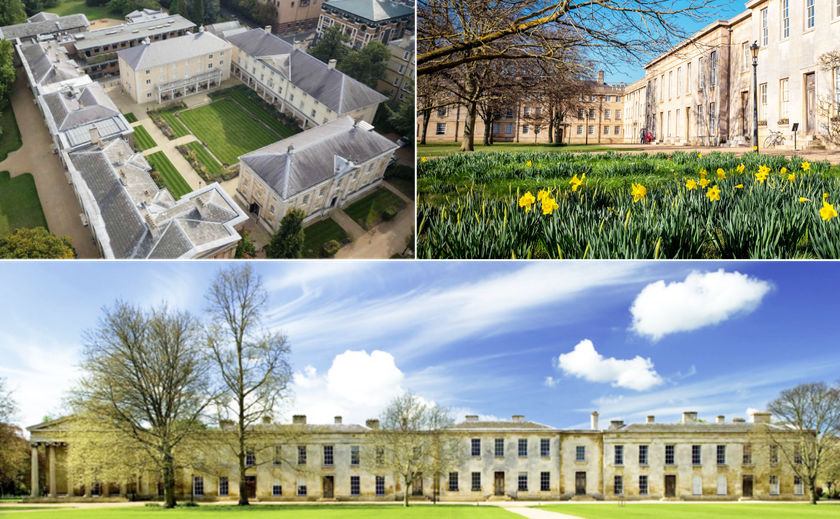 A collage of the building and grounds at Downing College. Top left is an aerial view of the college, top right is a view of the building from a daffodil filled lawn, bottom is a landscape view of the front of Downing College, Cambridge.