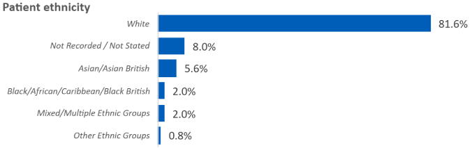 Horizontal bar chart showing patient ethnicity distribution: White 81.6%, Not Recorded/Not Stated 8.0%, Asian/Asian British 5.6%, Black/African/Caribbean/Black British 2.0%, Mixed/Multiple Ethnic Groups 2.0%, and Other Ethnic Groups 0.8%.