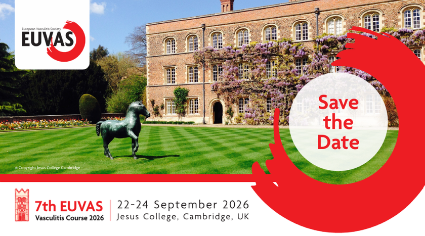 Banner showing Jesus College Cambridge with a wisteria-covered brick building, statue on lawn, EUVAS logo, and text: “7th EUVAS Vasculitis Course 2026, 22–24 September 2026, Save the Date.