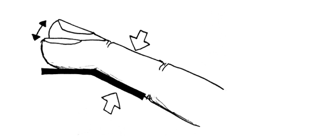 Illustration of right index finger with an arrow at the tip of finger and another arrow just above the knuckle