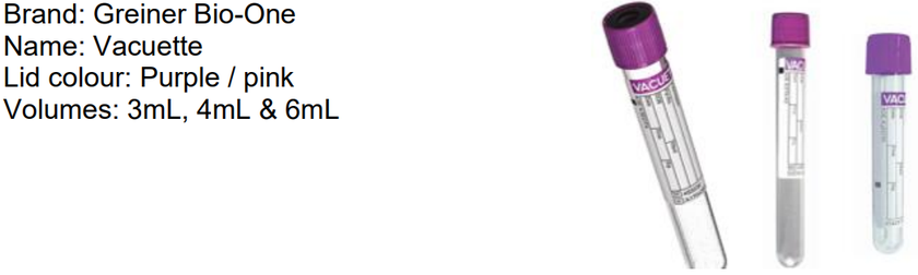 Greiner Bio‑One Vacuette tubes with purple or pink lids, pictured in 3mL, 4mL and 6mL volumes.